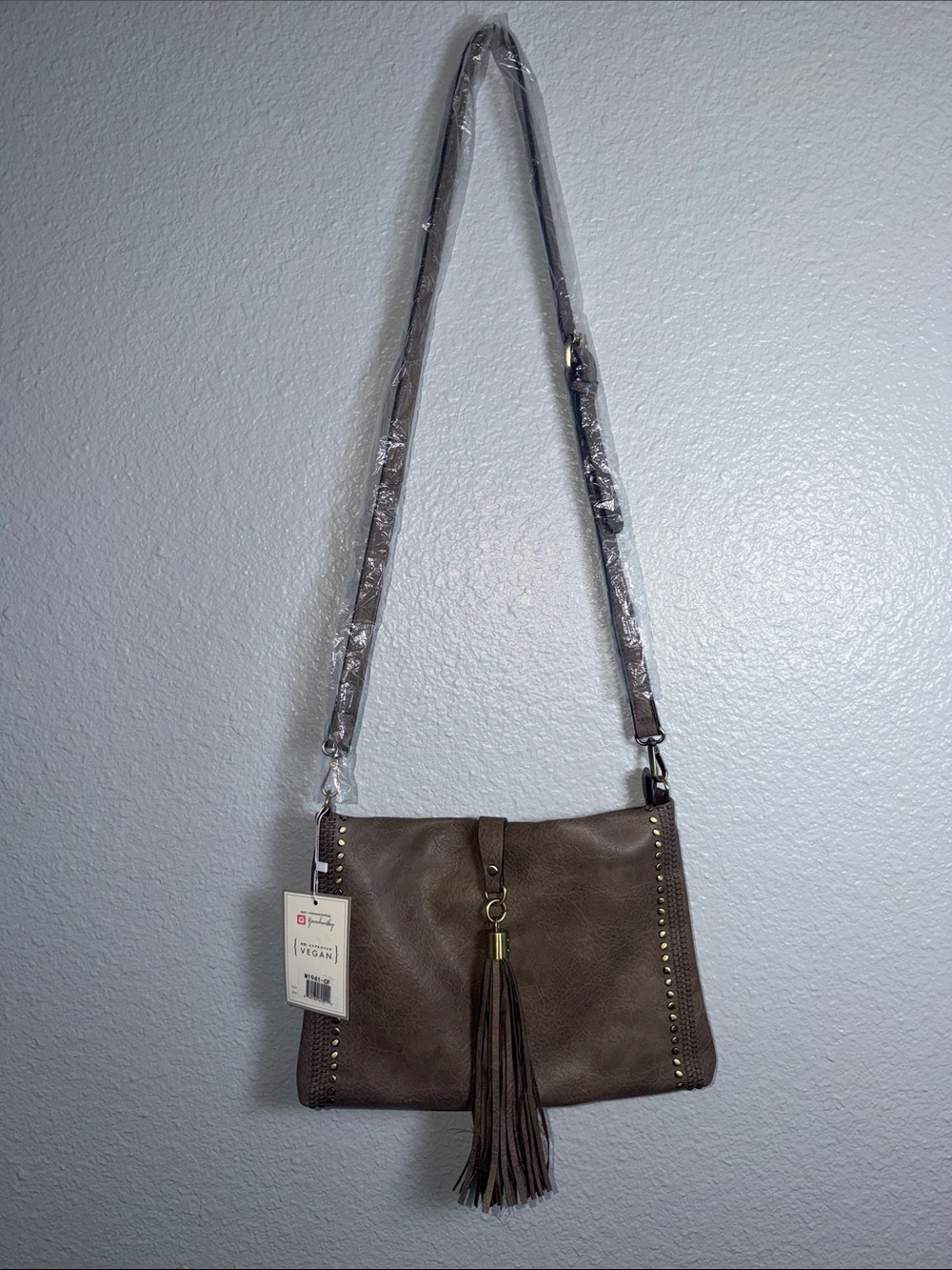 Jen & Co. Taupe Tassel Crossbody Bag with Stud Detail - Women
